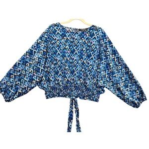 Marc New York Sz M Boho‎ Top Diamond Print Dolman Sleeve Smocked Waist Tie  #449